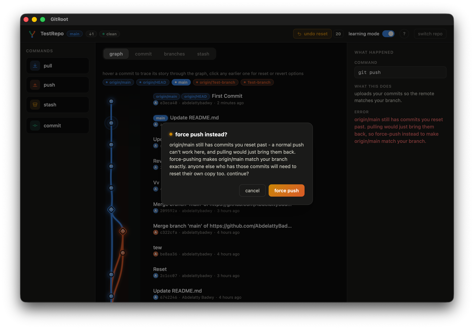 the force-push confirm dialog